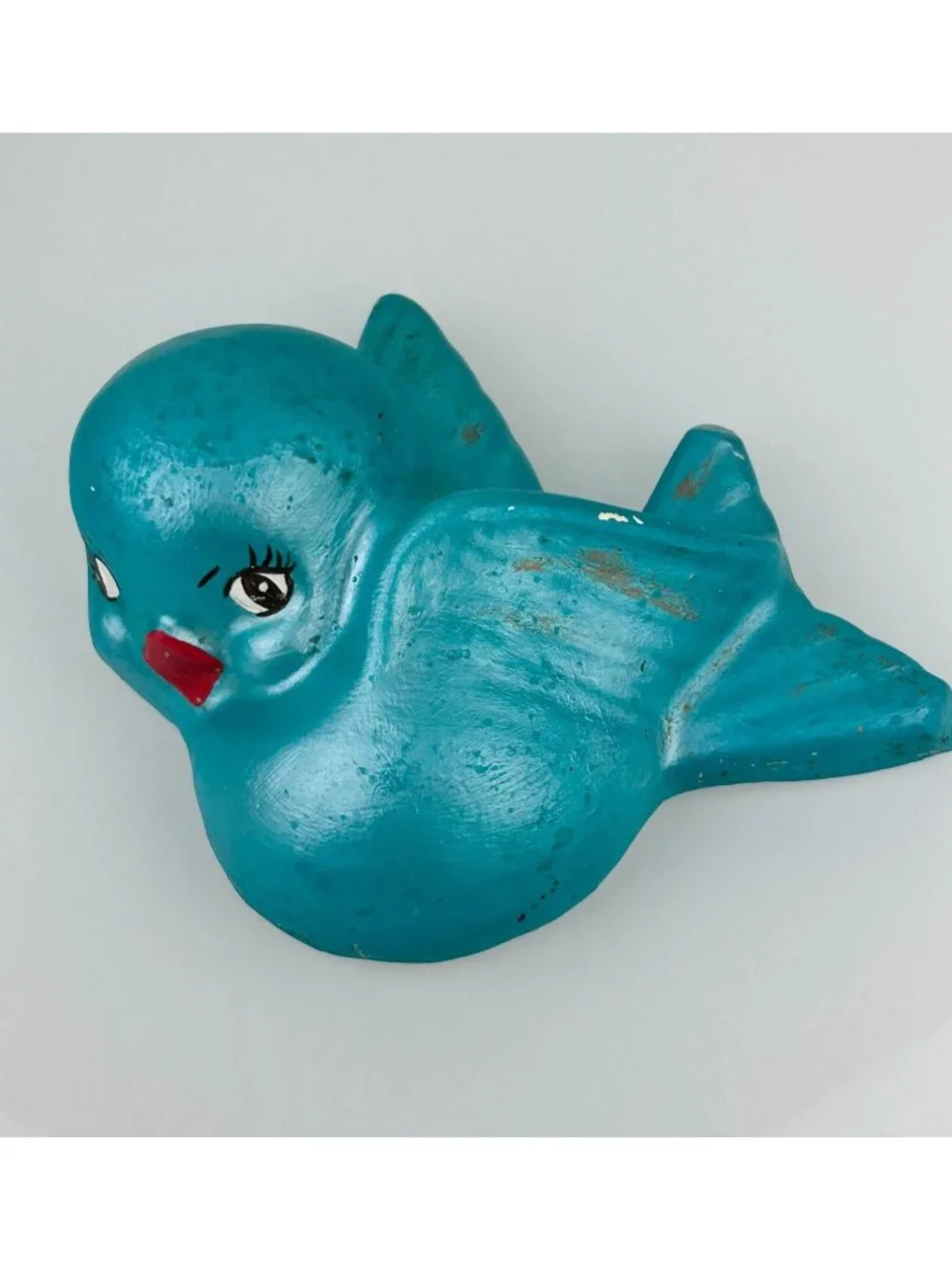 Vintage MCM Teal Chalkware Birds Wall Art Hanging Blue Eyelashes Red Lips Kitsch